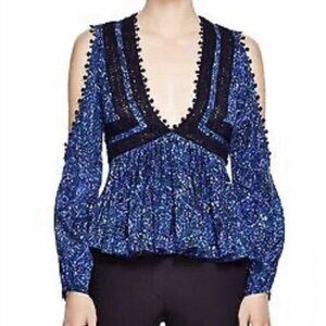 REBECCA TAYLOR Blouse Sz 12 silk Cold Shoulder Deep V-neck Blue Designer Luxury